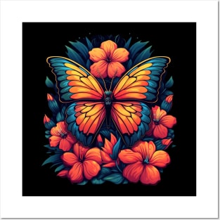 Colorful Butterfly and Orange Flowers Posters and Art